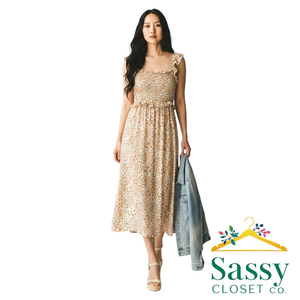 Hippie Rose Smocked Floral Midi Dress L NWT Cream Boho Ruffle Cottagecore